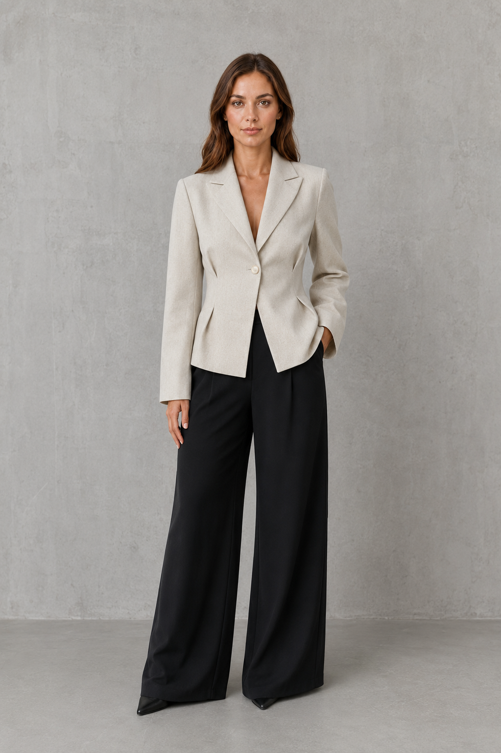Women’s beige single-button blazer with classic notched lapels, long sleeves, subtle waist shaping, and a structured tailored silhouette.