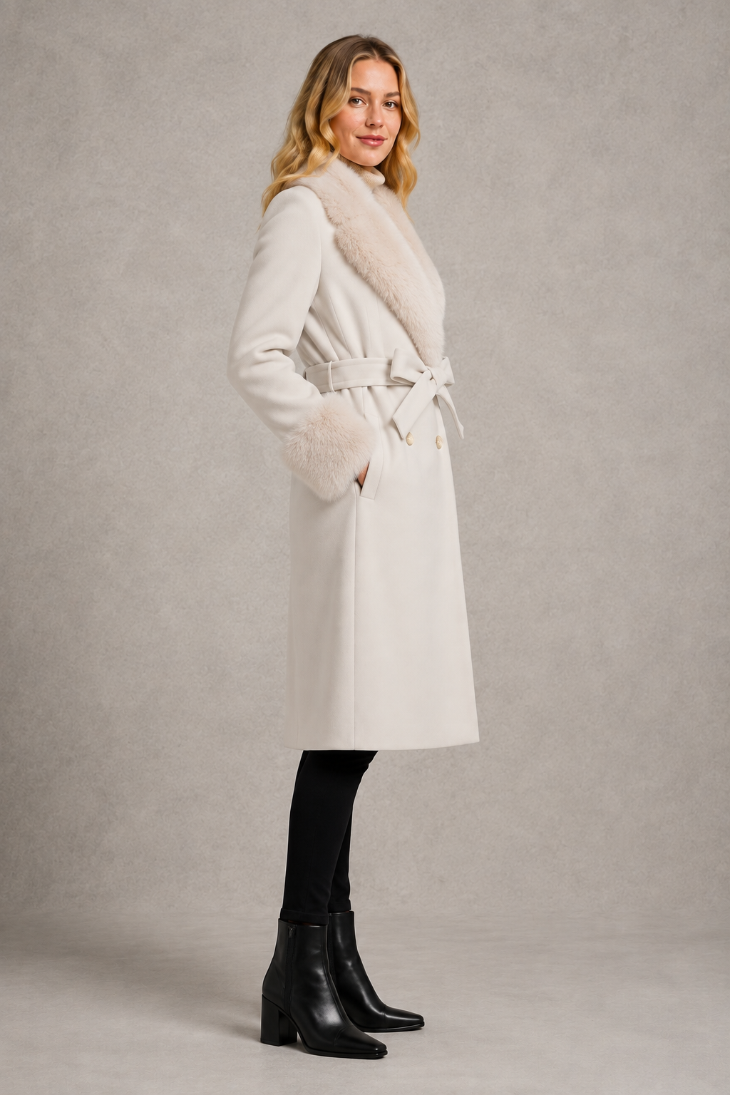 Women’s belted longline wool cashmere coat with removable fox fur collar and cuff trim, self-tie waist belt, and elegant tailored silhouette.
