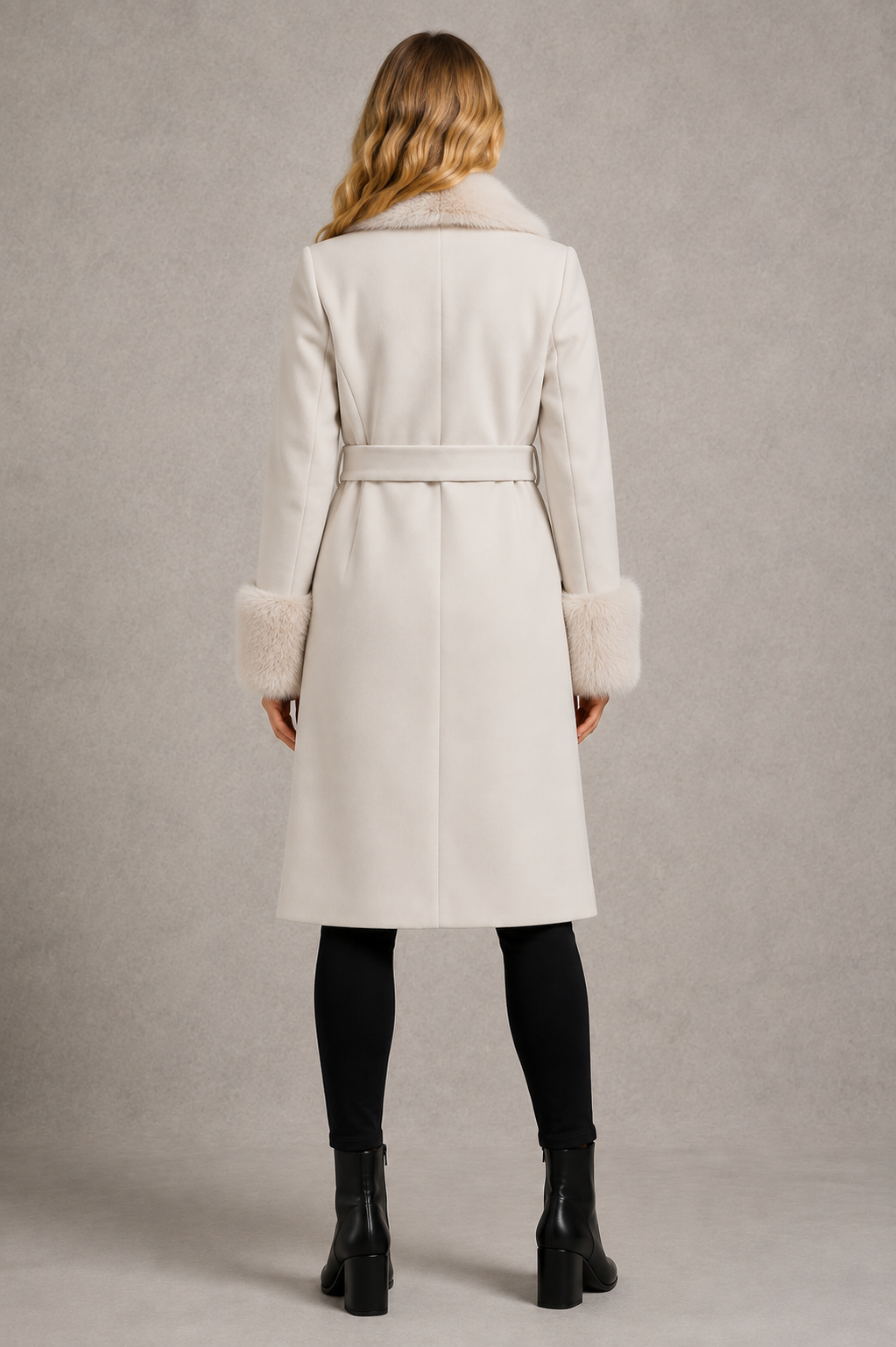 Women’s belted longline wool cashmere coat with removable fox fur collar and cuff trim, self-tie waist belt, and elegant tailored silhouette.