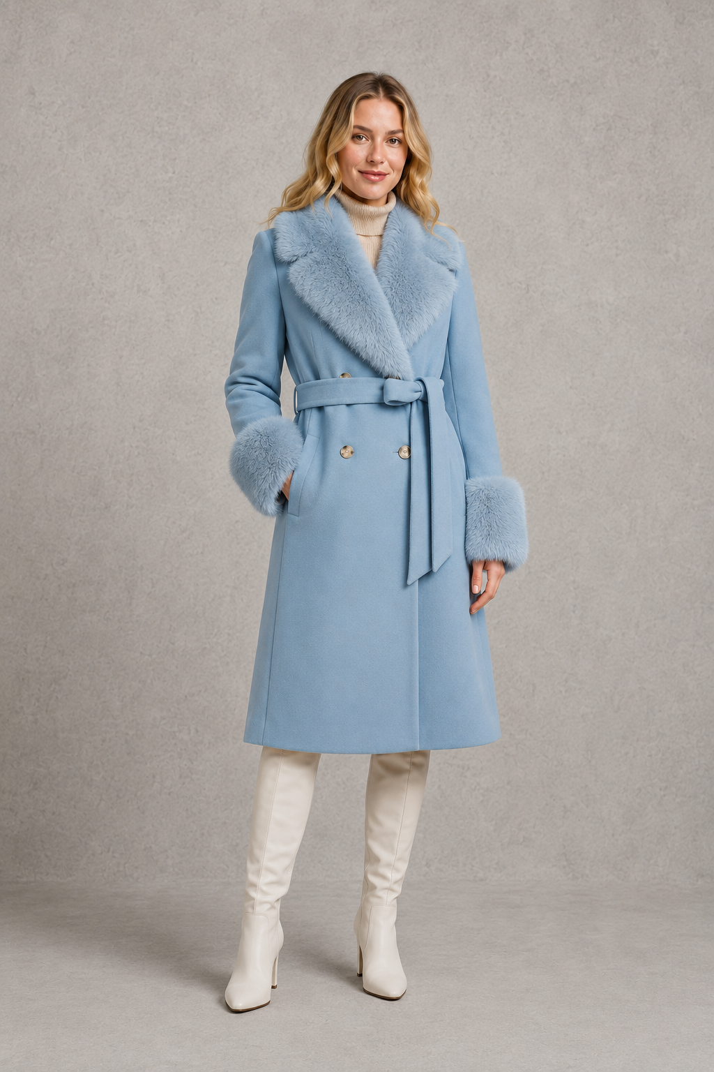 Women’s belted longline wool cashmere coat with removable fox fur collar and cuff trim, self-tie waist belt, and elegant tailored silhouette.