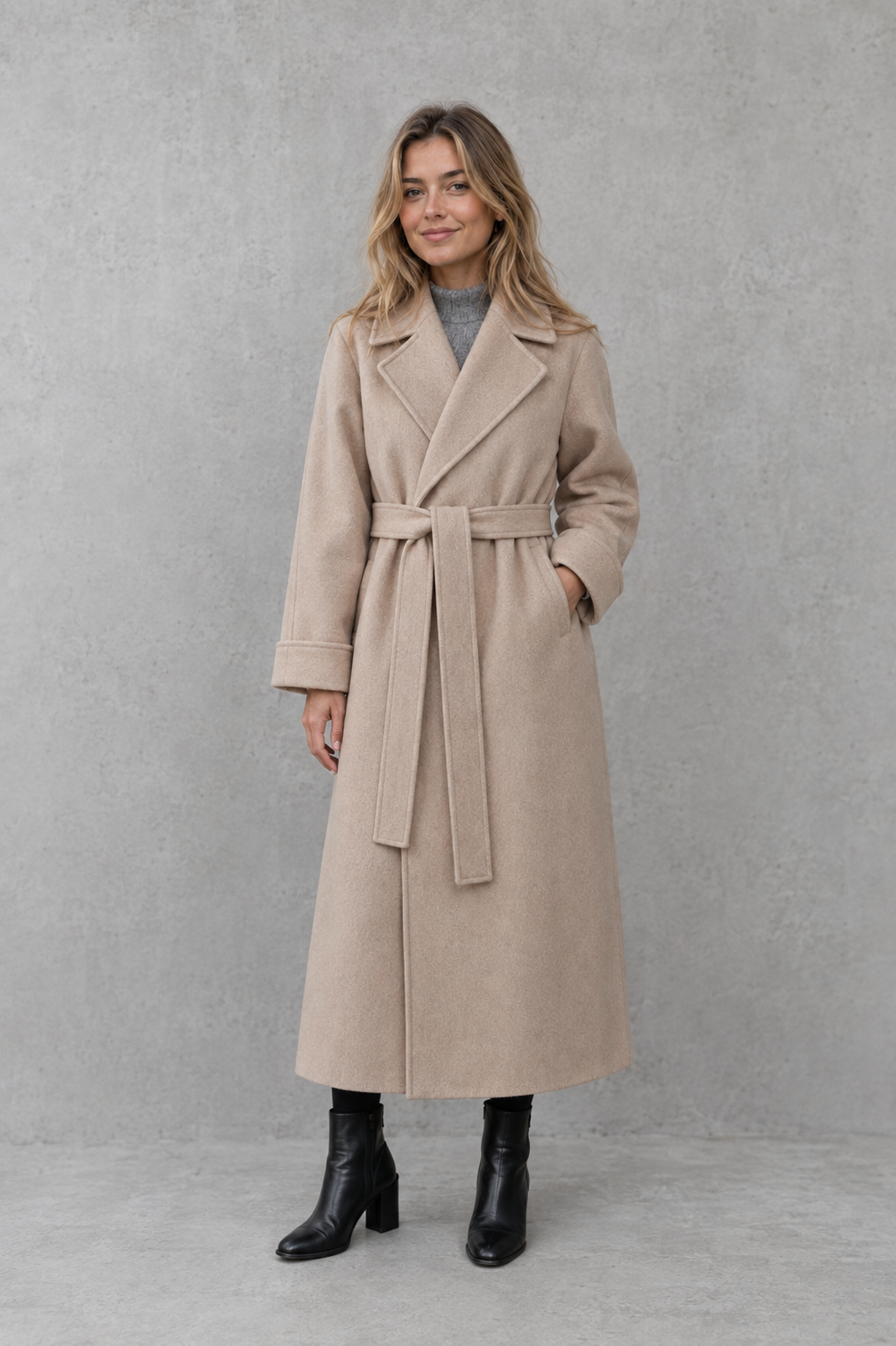 Women’s belted longline wrap coat with a classic lapel collar, adjustable waist tie, straight-cut silhouette, and structured tailored finish.