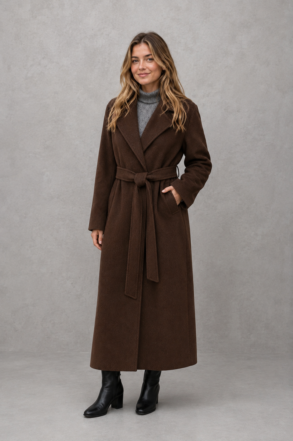 Women’s belted longline wrap coat with a classic lapel collar, adjustable waist tie, straight-cut silhouette, and structured tailored finish.