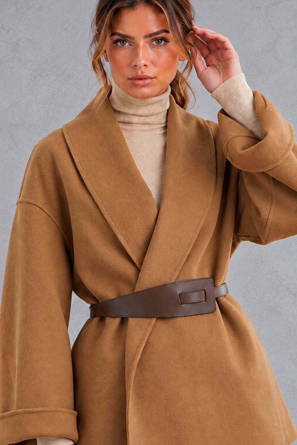 Women's Belted Shawl Collar Wrap Coat – Camel