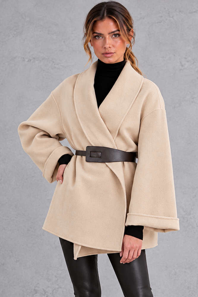 Women's Belted Shawl Collar Wrap Coat – Beige