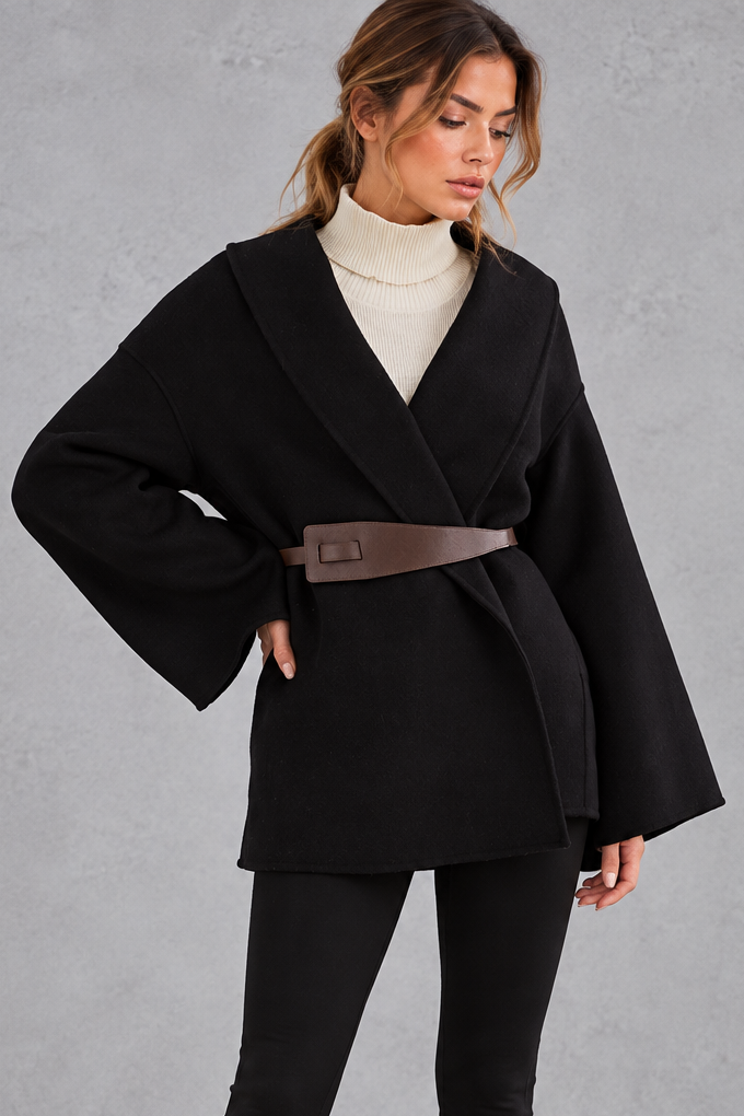 Women's Belted Shawl Collar Wrap Coat – Black