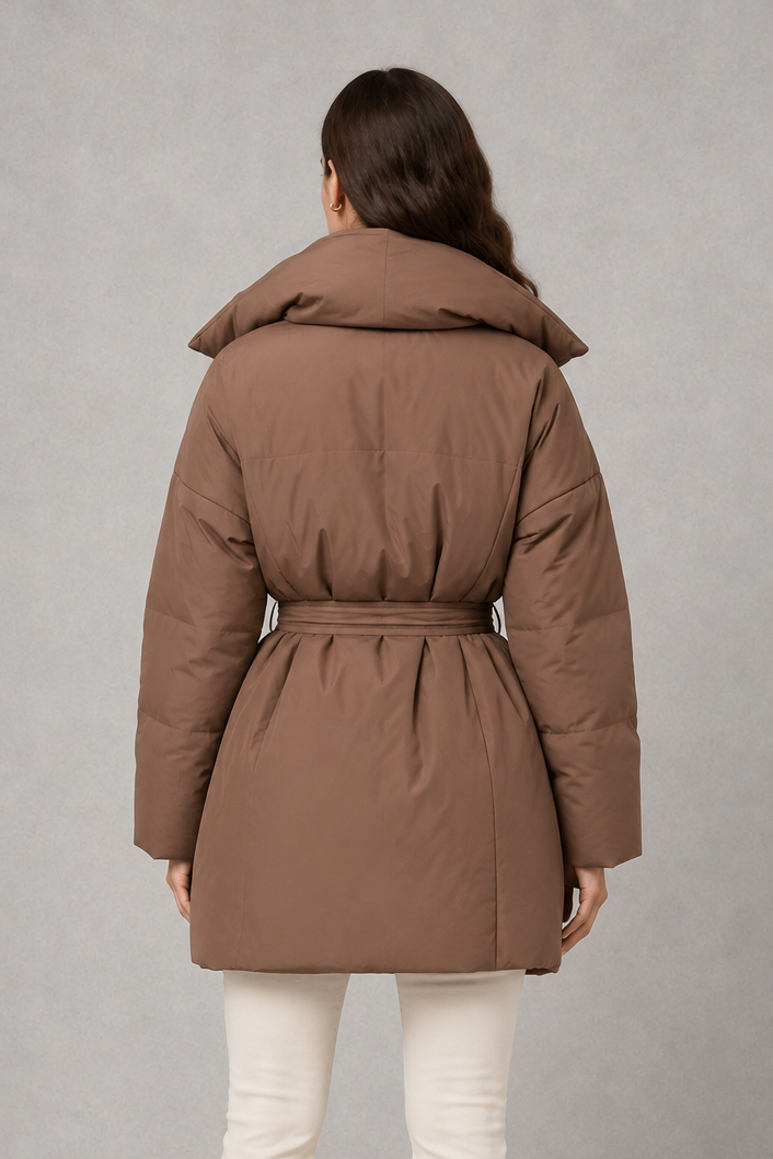 Women’s belted quilted puffer jacket with soft insulated padding, adjustable waist belt, full-length front zipper, and a flattering regular-fit silhouette.