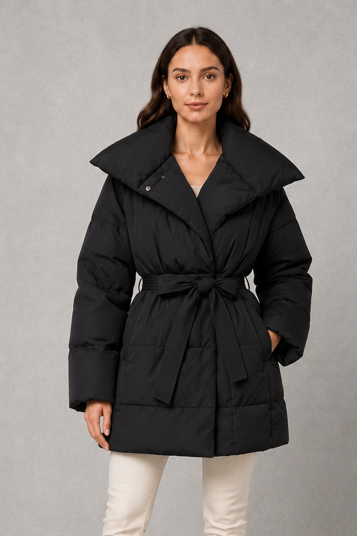 Women’s belted quilted puffer jacket with soft insulated padding, adjustable waist belt, full-length front zipper, and a flattering regular-fit silhouette.