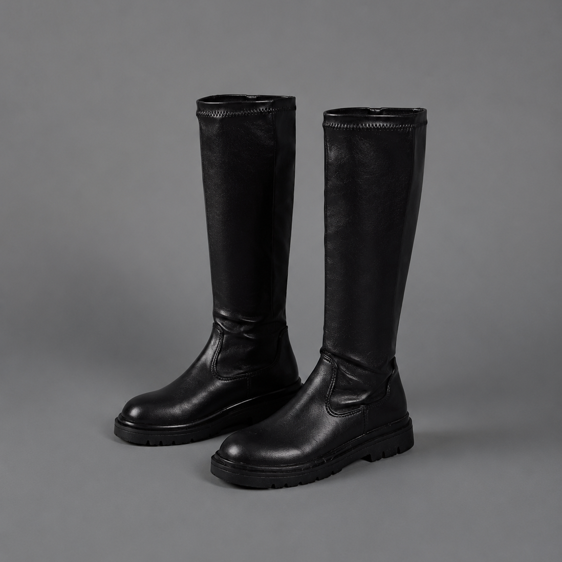 Women’s black pointed toe mid-calf boots with a smooth faux leather upper, low heel, streamlined silhouette, and convenient inside zipper.