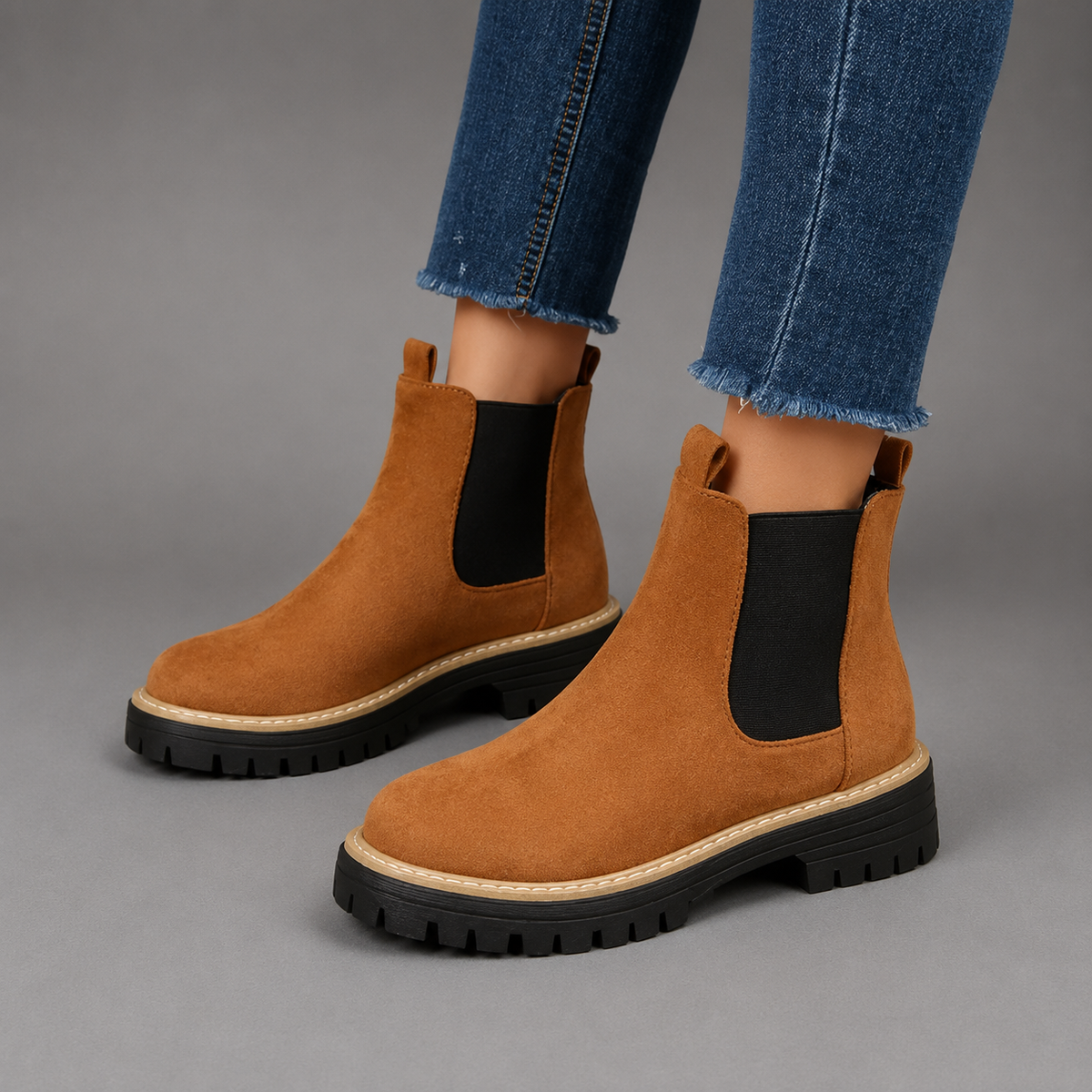 Women’s block heel Chelsea boots with a smooth synthetic leather upper, classic round toe, ankle-high silhouette, and durable rubber outsole.