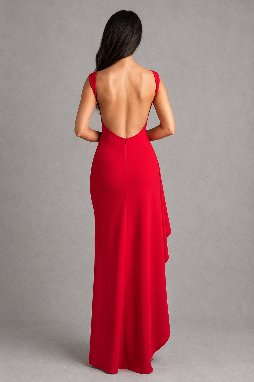 Women's stretch crepe maxi evening dress featuring a high boat neckline, fitted bodice, pleated waist detailing, dramatic low scoop back, and a draped thigh-high split skirt for an elegant formal silhouette.