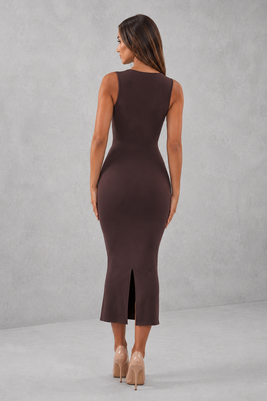 Women’s bodycon modal midi dress with a square neckline, slim shoulder straps, figure-hugging silhouette, and functional back split.