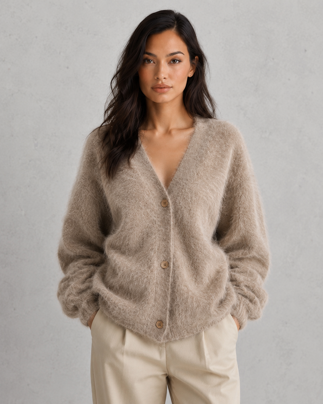 Woman wearing a soft button-front knit cardigan in a relaxed fit, styled for elegant autumn and winter layering.