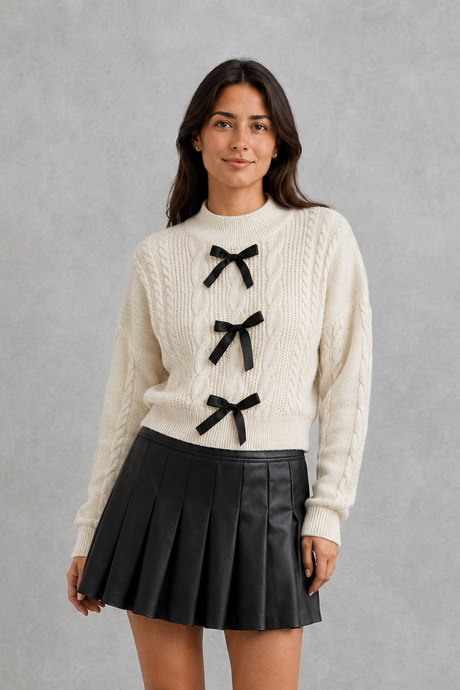 Women’s cable knit cardigan with long sleeves, classic textured detailing and feminine bow tie accents for cozy everyday layering.