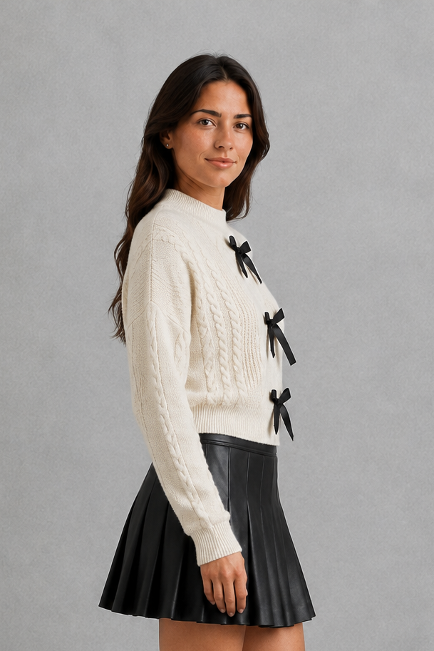 Women’s cable knit cardigan with long sleeves, classic textured detailing and feminine bow tie accents for cozy everyday layering.