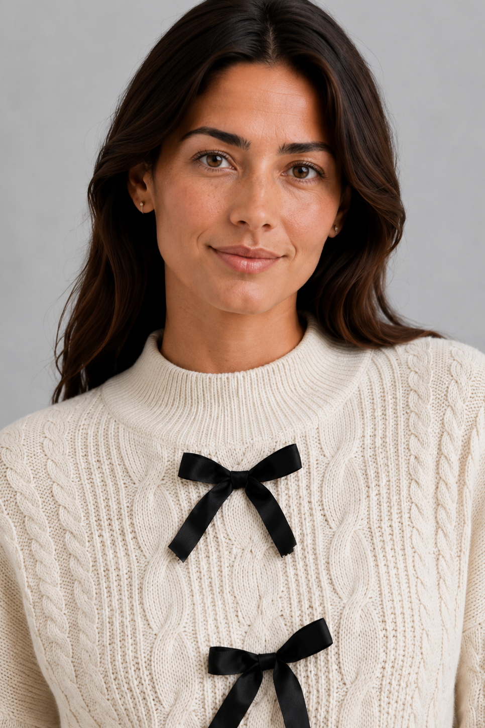 Women’s cable knit cardigan with long sleeves, classic textured detailing and feminine bow tie accents for cozy everyday layering.