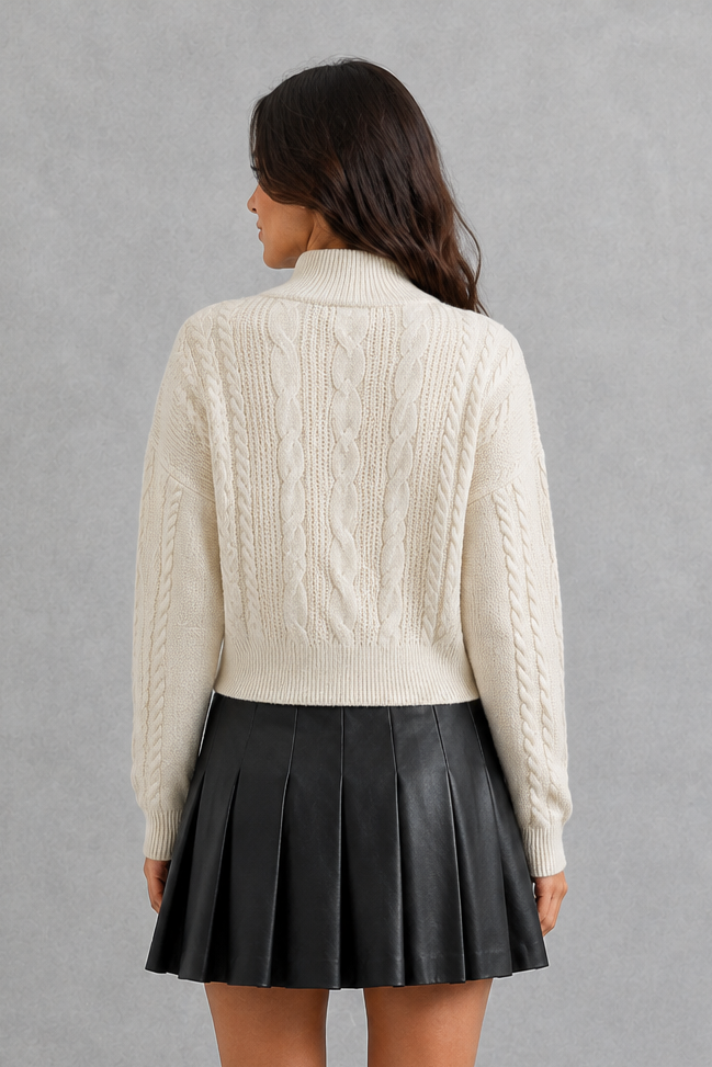 Women’s cable knit cardigan with long sleeves, classic textured detailing and feminine bow tie accents for cozy everyday layering.