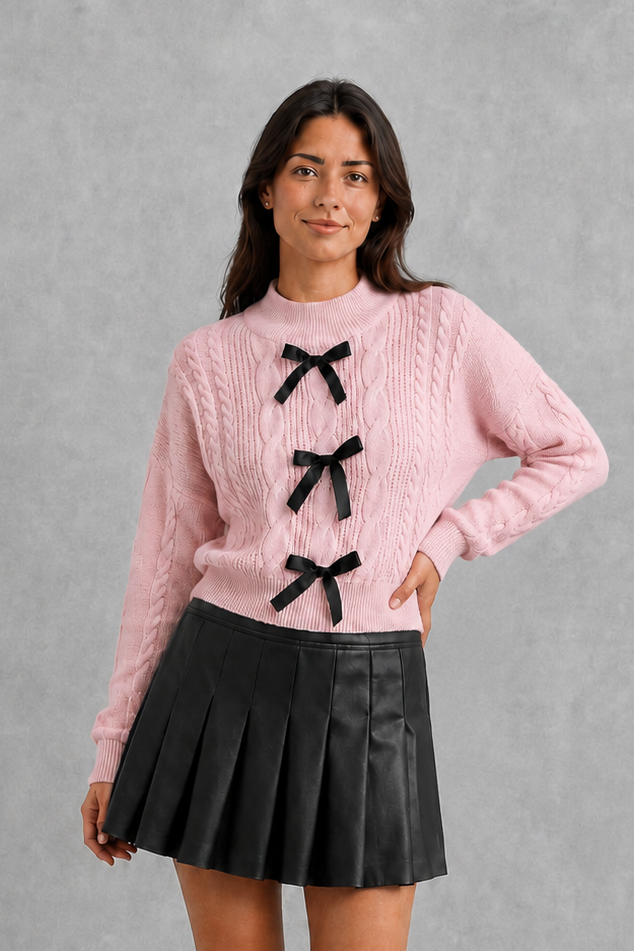 Women’s cable knit cardigan with long sleeves, classic textured detailing and feminine bow tie accents for cozy everyday layering.