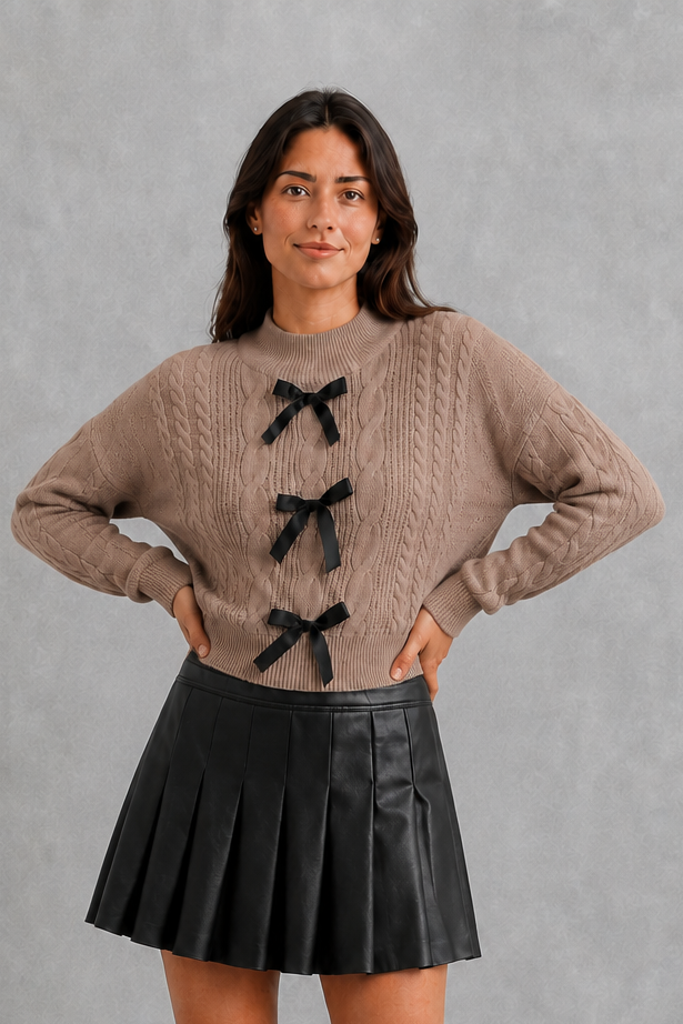 Women’s cable knit cardigan with long sleeves, classic textured detailing and feminine bow tie accents for cozy everyday layering.