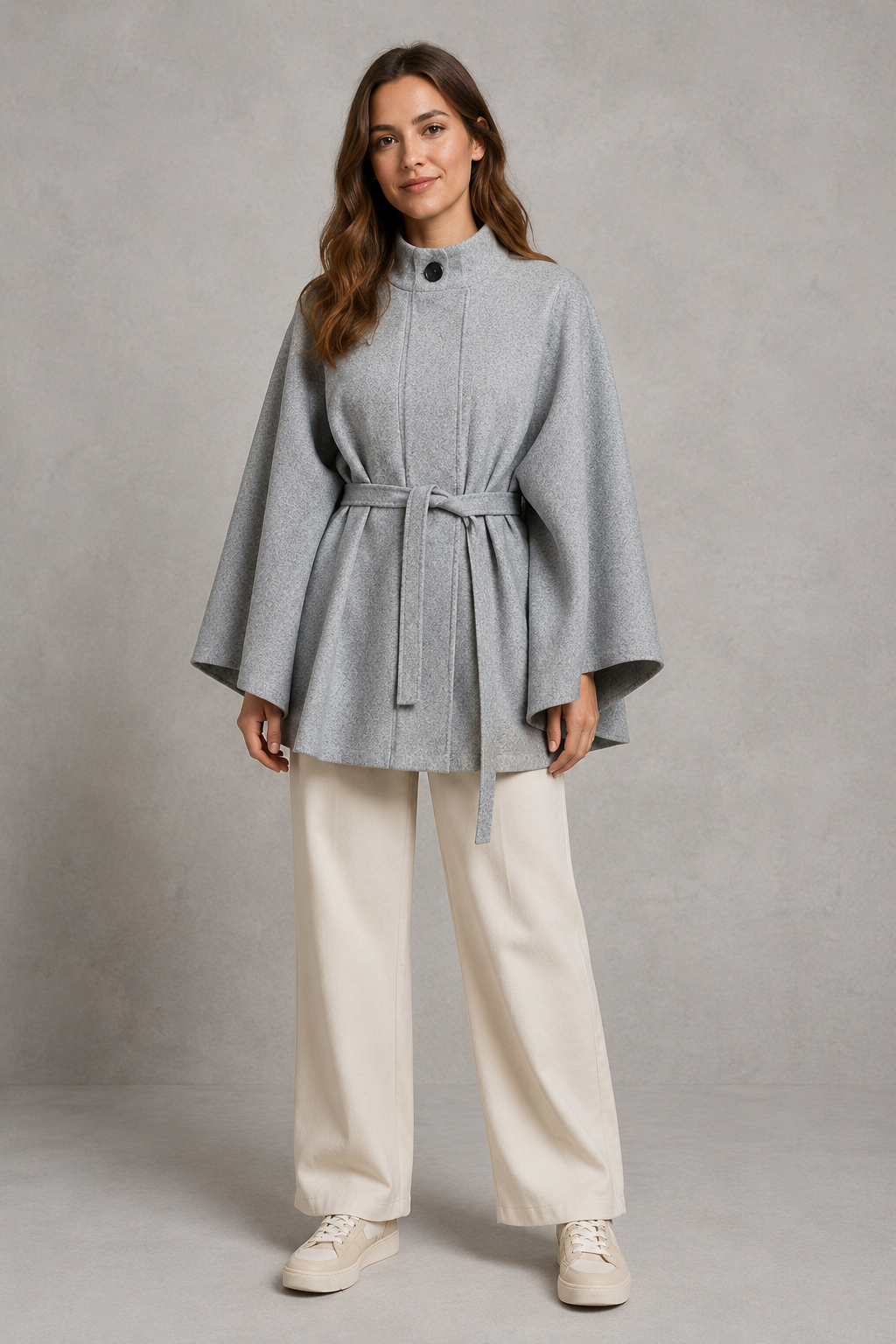 Women’s cape sleeve wool-look coat with a refined stand collar, belted waist, slim tailored fit, and structured statement silhouette.