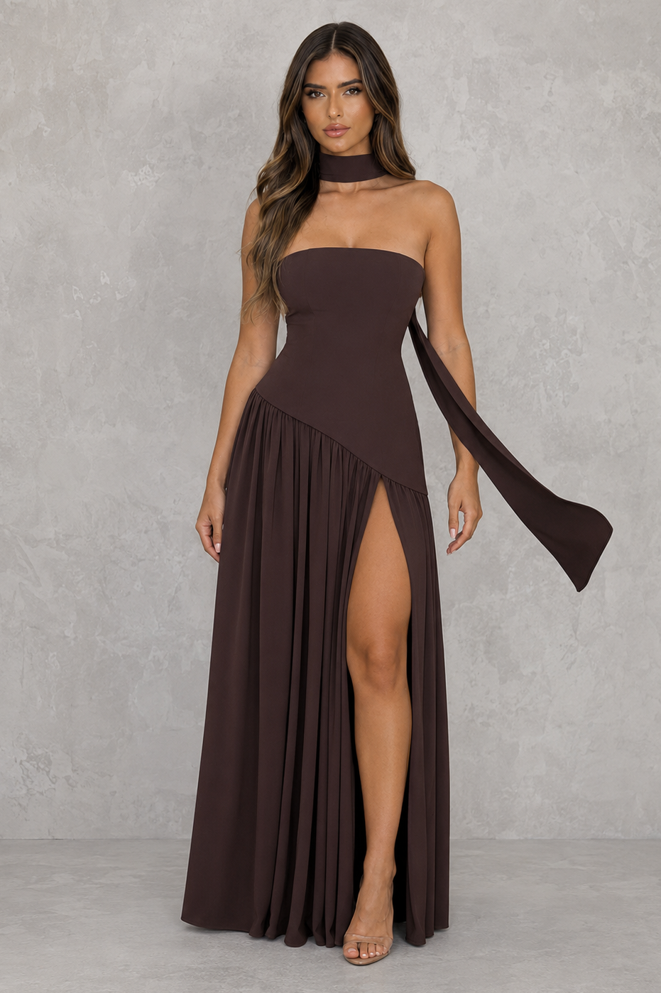 Women’s chiffon maxi dress with structured crepe bodice, adjustable lace-up back, flowing skirt, and thigh-high split for formal occasions.