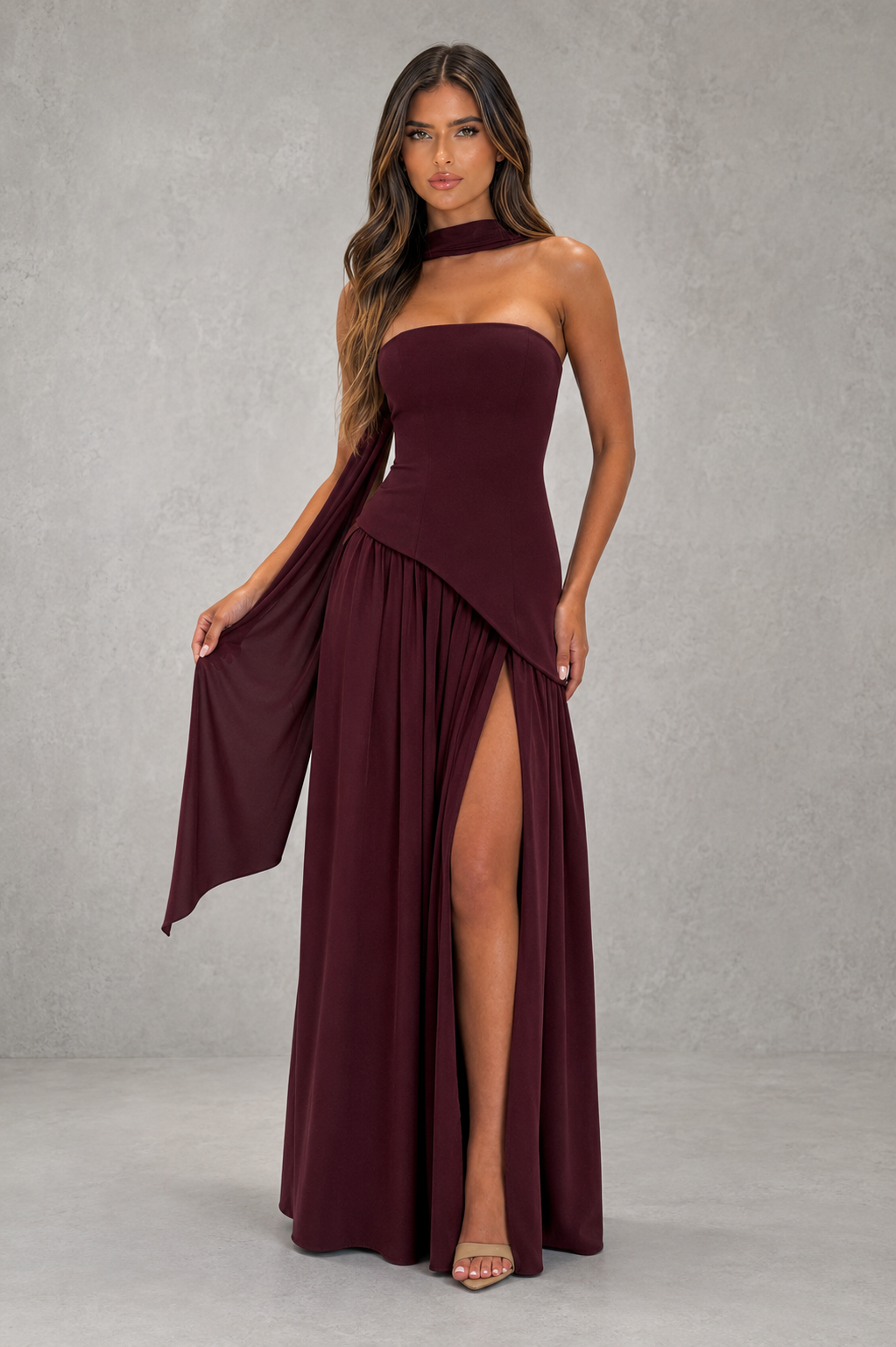 Women’s chiffon maxi dress with structured crepe bodice, adjustable lace-up back, flowing skirt, and thigh-high split for formal occasions.