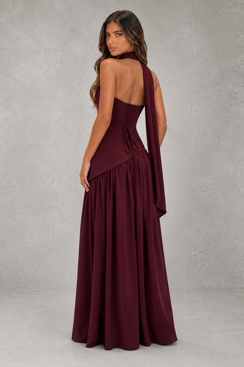 Women’s chiffon maxi dress with structured crepe bodice, adjustable lace-up back, flowing skirt, and thigh-high split for formal occasions.
