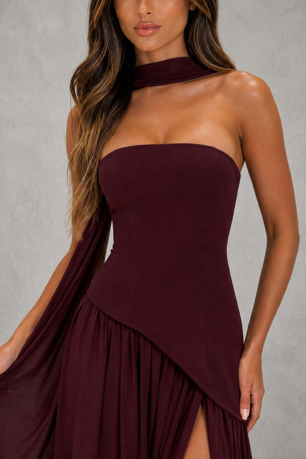 Women’s chiffon maxi dress with structured crepe bodice, adjustable lace-up back, flowing skirt, and thigh-high split for formal occasions.