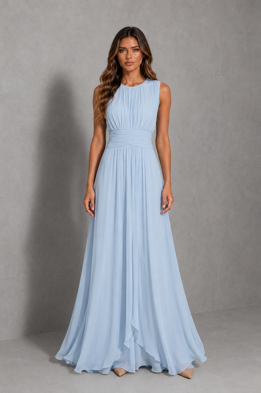 Women’s powder blue chiffon maxi dress with a high neckline, gathered bodice, ruched waist and flowing full-length sleeveless silhouette.
