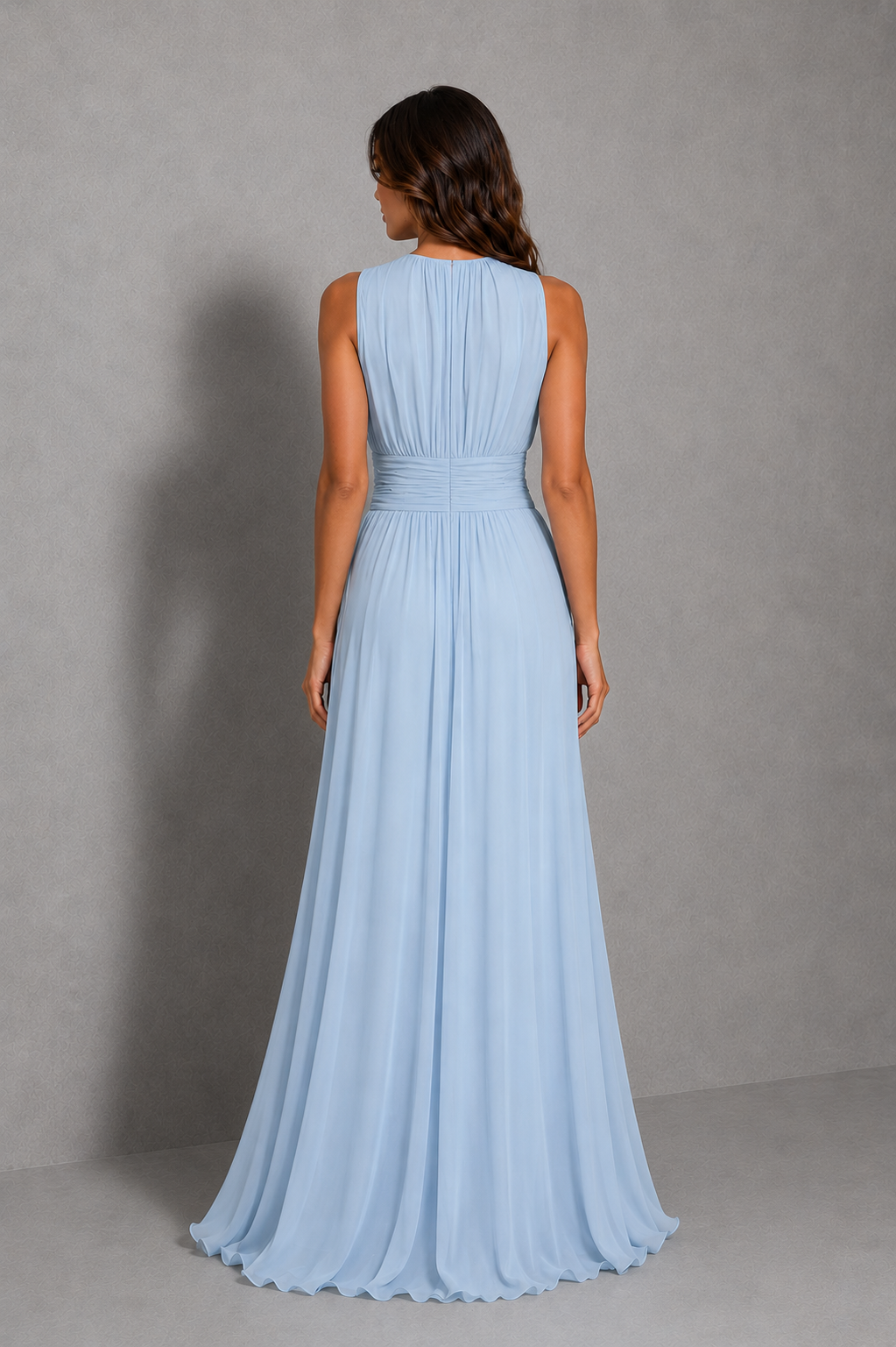 Women’s powder blue chiffon maxi dress with a high neckline, gathered bodice, ruched waist and flowing full-length sleeveless silhouette.
