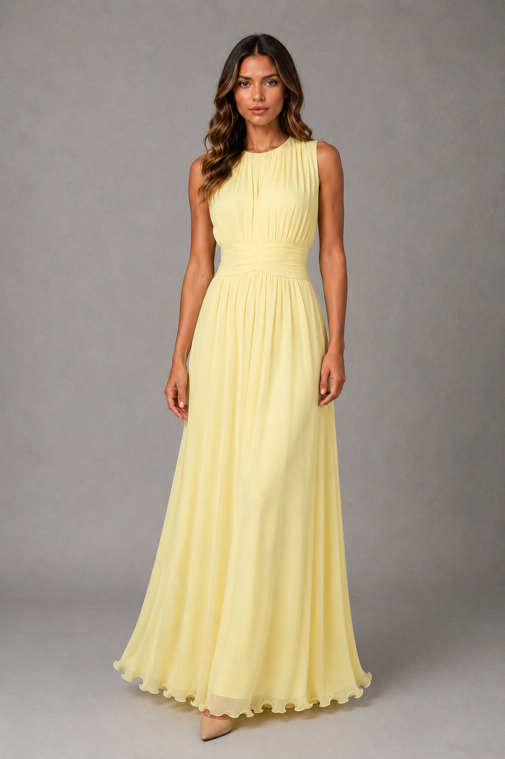 Women’s powder blue chiffon maxi dress with a high neckline, gathered bodice, ruched waist and flowing full-length sleeveless silhouette.