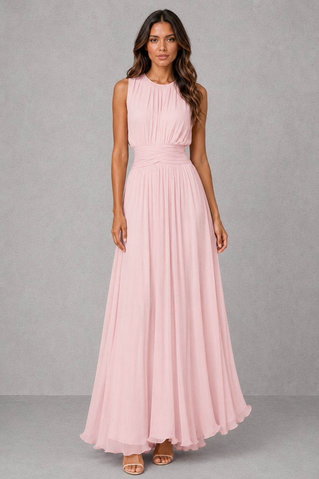 Women’s powder blue chiffon maxi dress with a high neckline, gathered bodice, ruched waist and flowing full-length sleeveless silhouette.