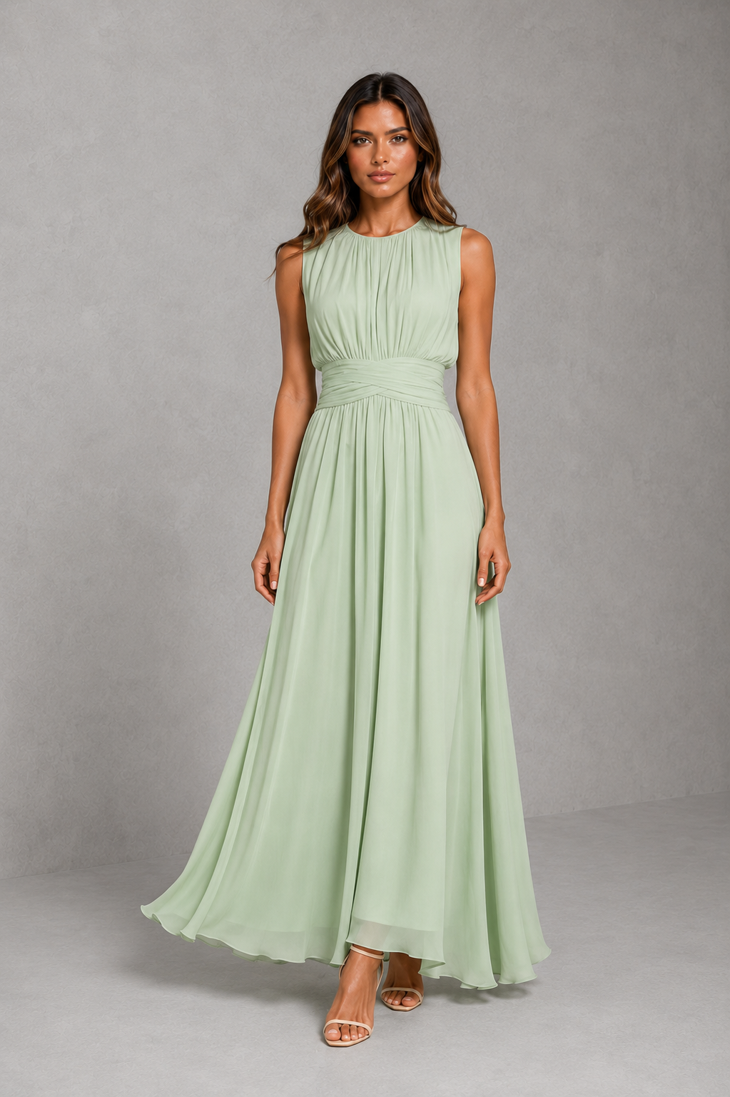 Women’s powder blue chiffon maxi dress with a high neckline, gathered bodice, ruched waist and flowing full-length sleeveless silhouette.