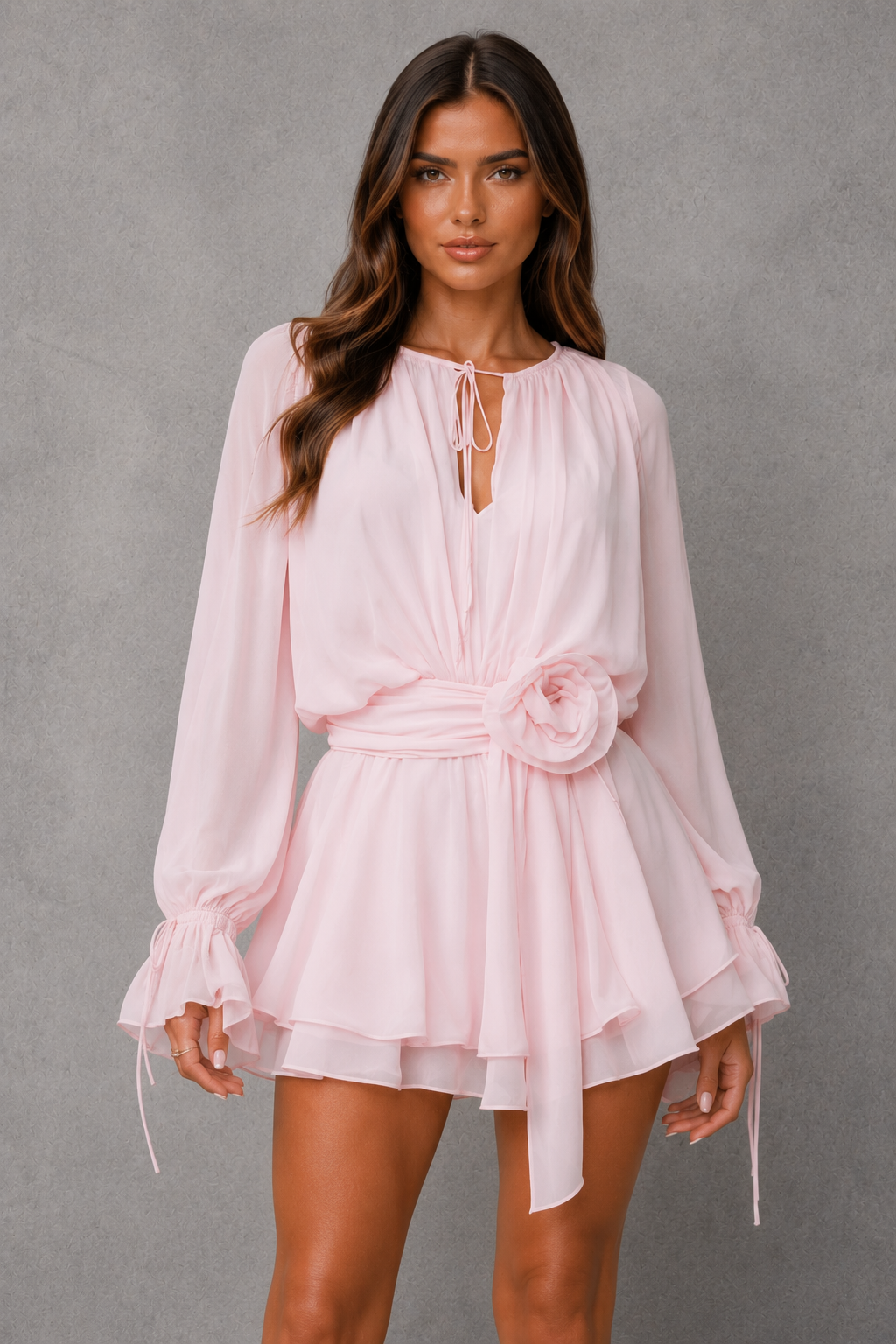 Women's chiffon mini dress with long sheer bishop sleeves, self-tie neckline, removable rosette waist belt, layered skirt, and relaxed fit, ideal for parties, daytime events, and special occasions.