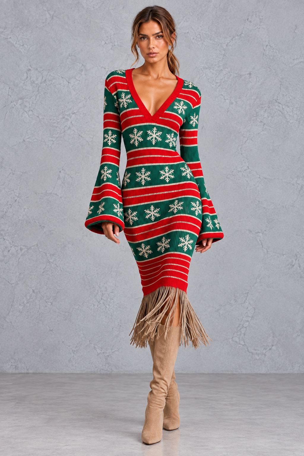 Women's Christmas sweater midi dress with V-neck and fringe hem, front view
