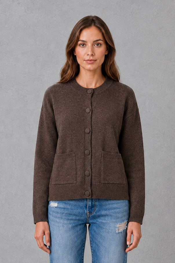 Women’s chunky knit cardigan with a thick textured finish, classic round neckline, long sleeves, and a relaxed loose-fit silhouette.