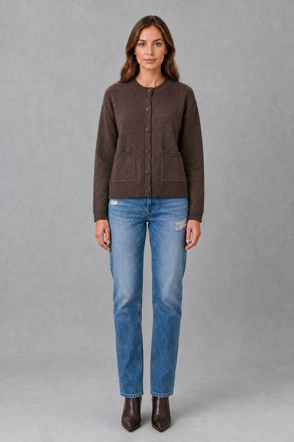 Women’s chunky knit cardigan with a thick textured finish, classic round neckline, long sleeves, and a relaxed loose-fit silhouette.