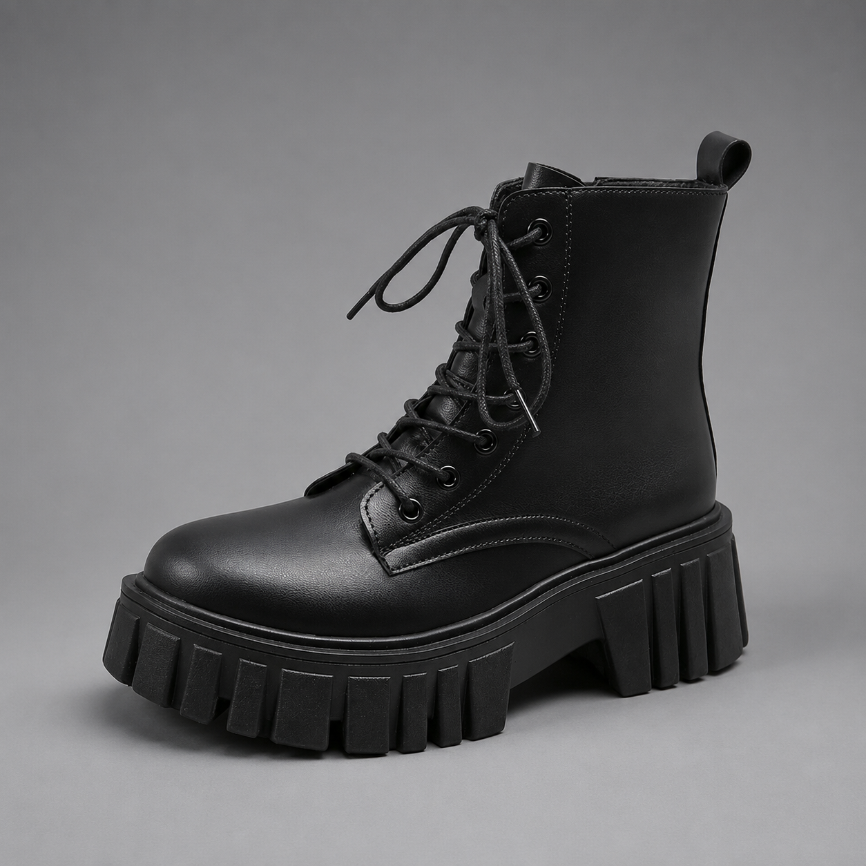 Women's chunky sole combat boots with a lace-up design, ankle-height silhouette, square heel and durable rubber sole for everyday casual wear.