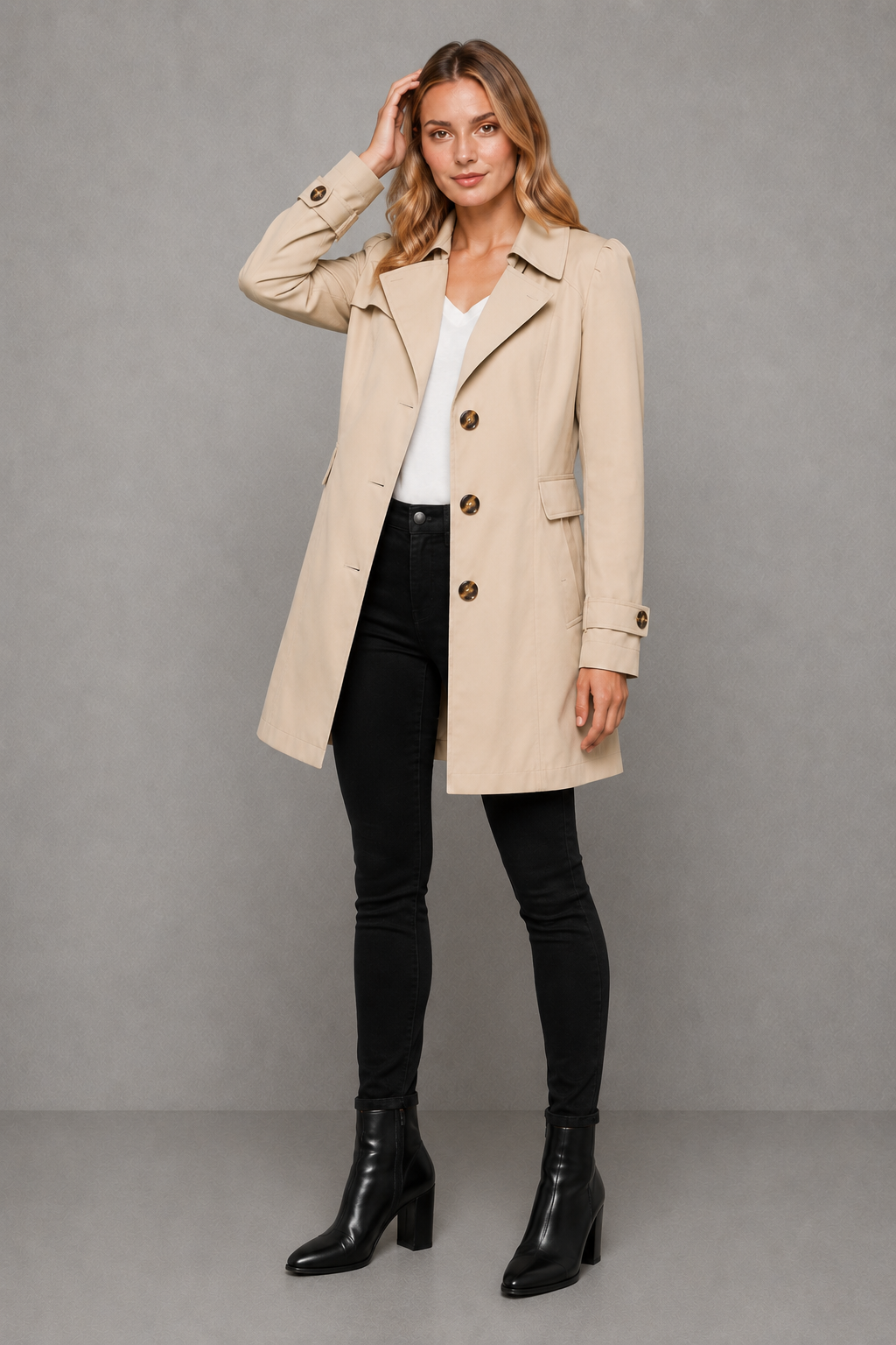 Women’s classic cotton-blend trench coat with a tailored longline silhouette, lapel collar, button-front closure, and functional side pockets.