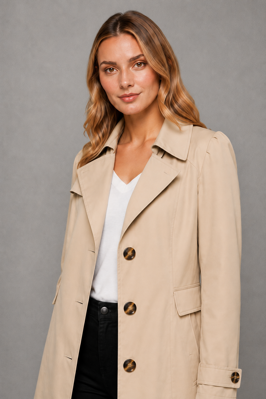 Women’s classic cotton-blend trench coat with a tailored longline silhouette, lapel collar, button-front closure, and functional side pockets.