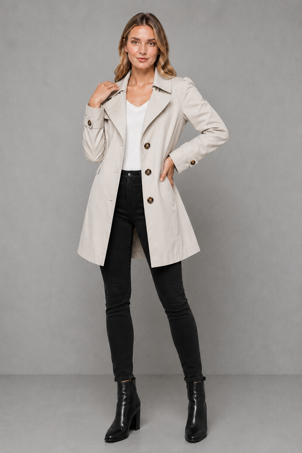 Women’s classic cotton-blend trench coat with a tailored longline silhouette, lapel collar, button-front closure, and functional side pockets.