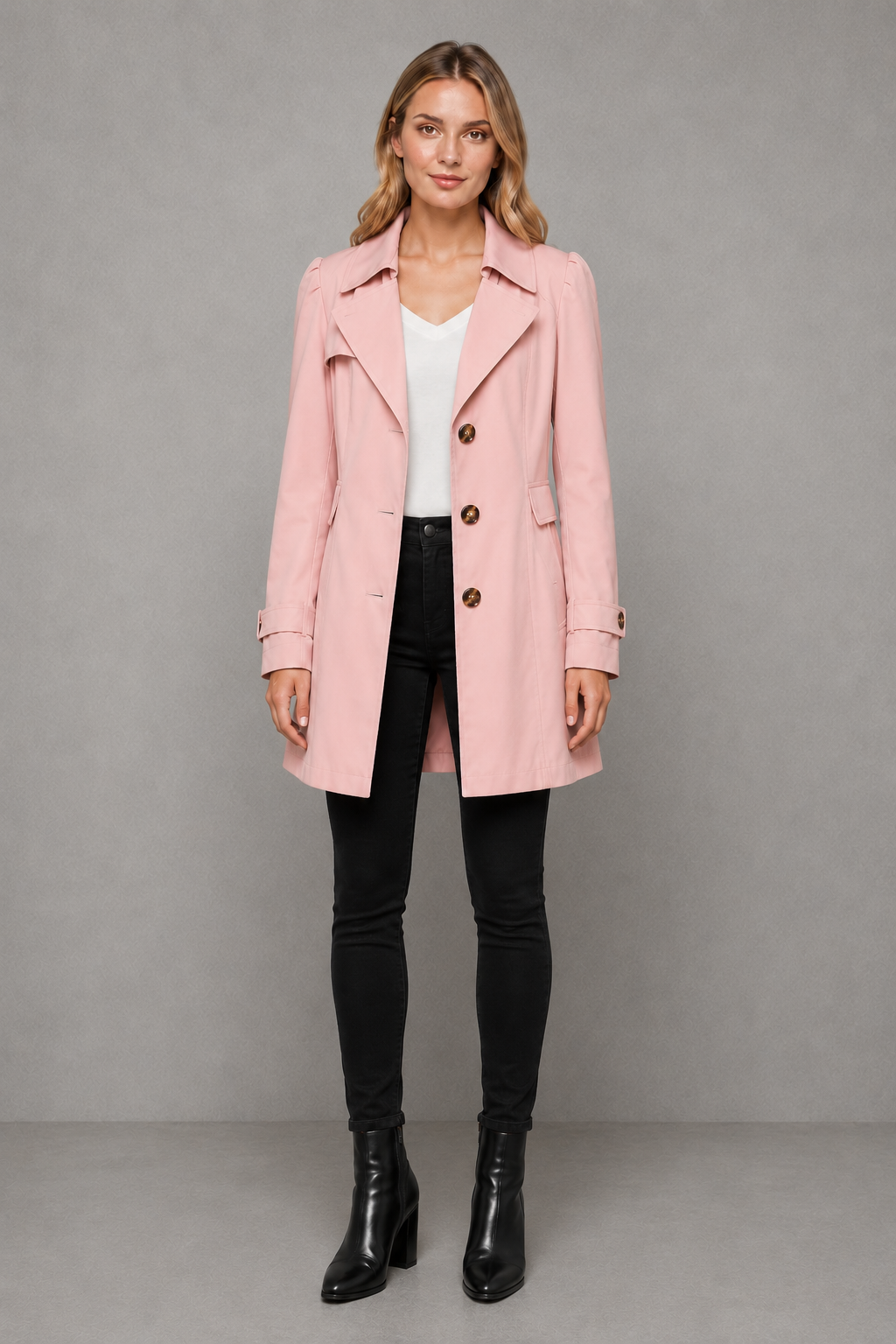 Women’s classic cotton-blend trench coat with a tailored longline silhouette, lapel collar, button-front closure, and functional side pockets.