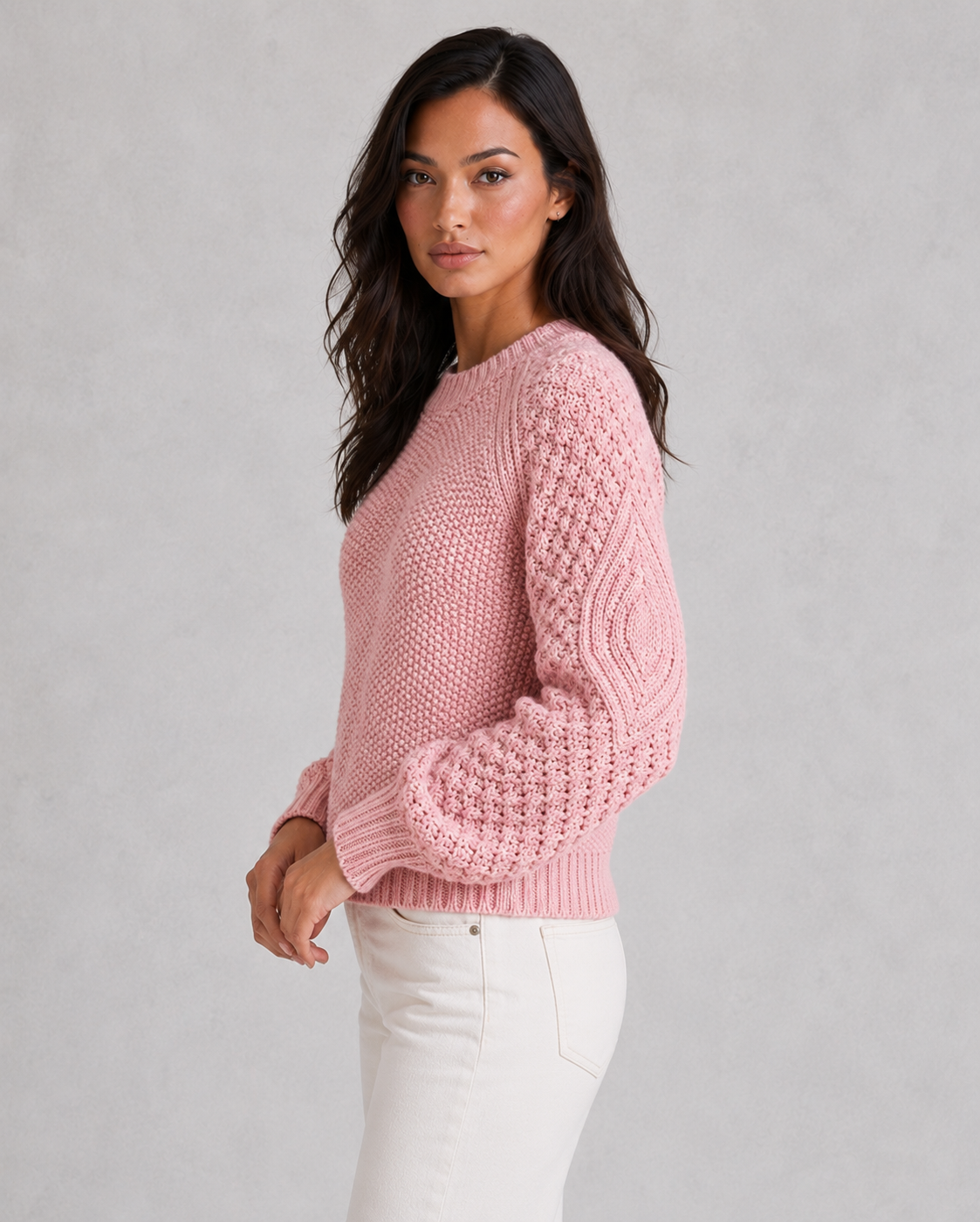 Women's classic knit sweater in soft wool-look fabric with crew neckline, long sleeves, and relaxed fit for elegant autumn and winter styling.