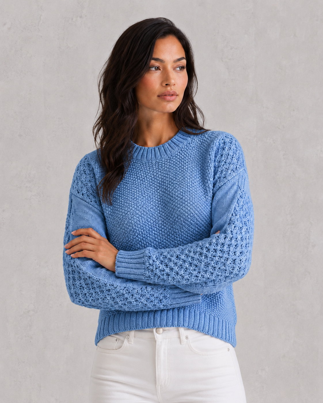 Women's classic knit sweater in soft wool-look fabric with crew neckline, long sleeves, and relaxed fit for elegant autumn and winter styling.