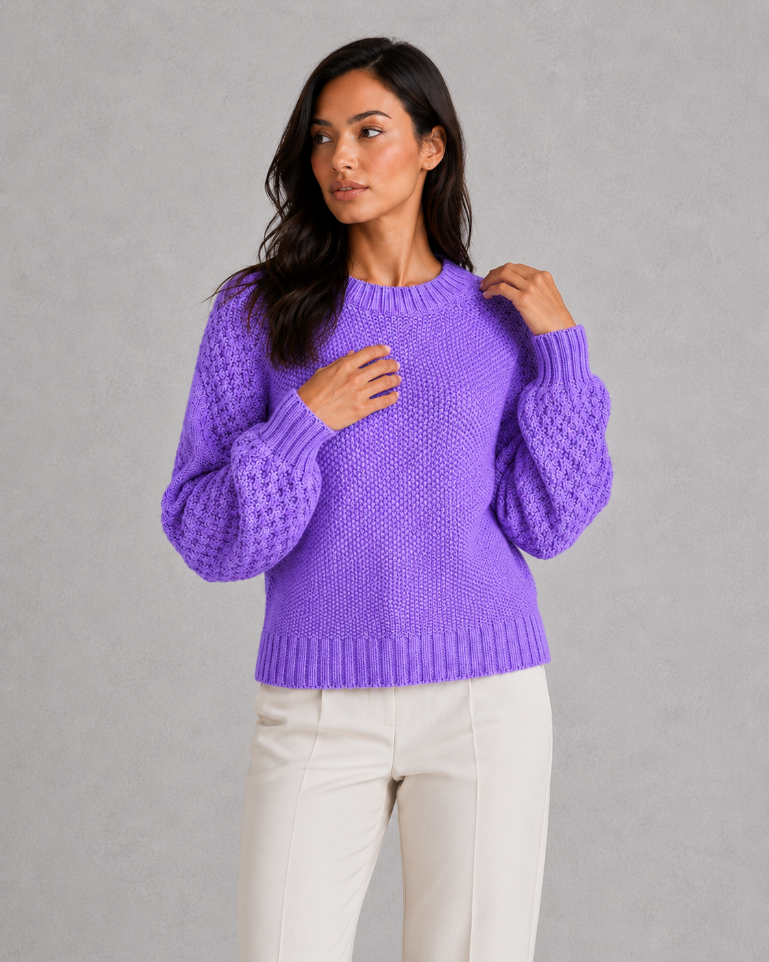 Women's classic knit sweater in soft wool-look fabric with crew neckline, long sleeves, and relaxed fit for elegant autumn and winter styling.