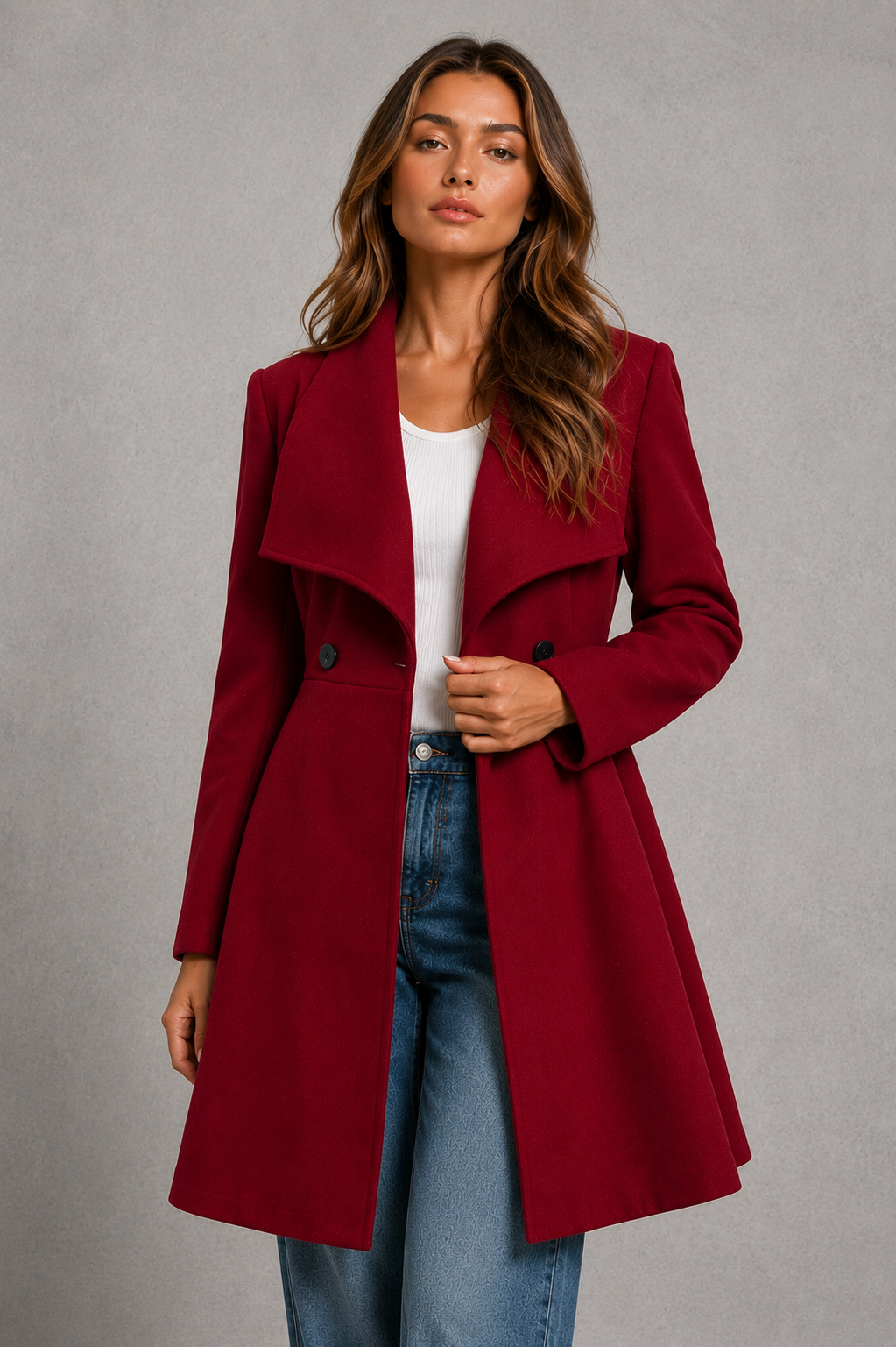 Women’s classic longline overcoat with a tailored silhouette, timeless lapel collar and elegant streamlined design for polished cold-weather layering.
