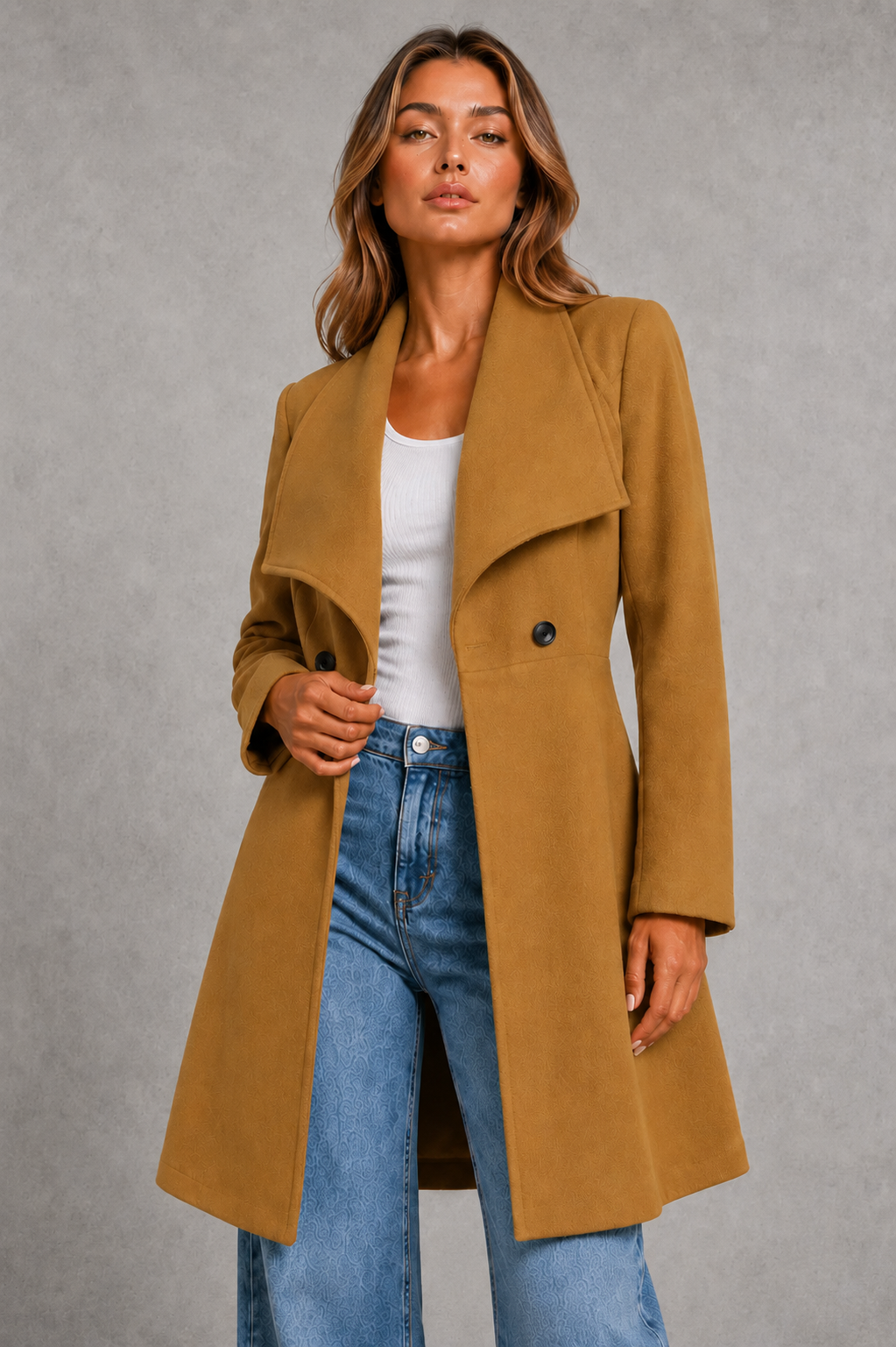 Women’s classic longline overcoat with a tailored silhouette, timeless lapel collar and elegant streamlined design for polished cold-weather layering.