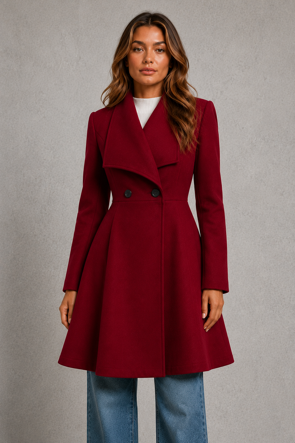 Women’s classic longline overcoat with a tailored silhouette, timeless lapel collar and elegant streamlined design for polished cold-weather layering.