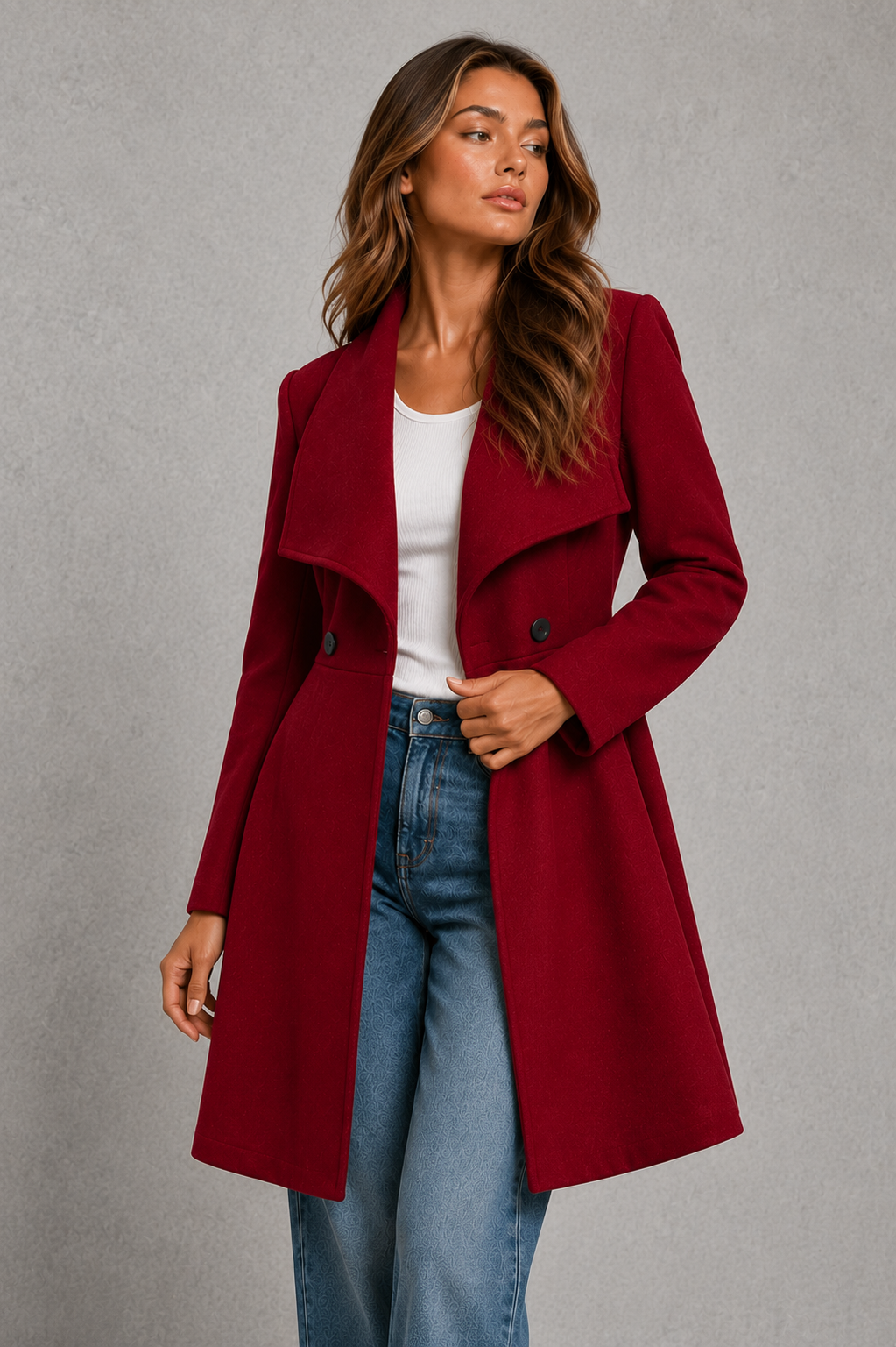 Women’s classic longline overcoat with a tailored silhouette, timeless lapel collar and elegant streamlined design for polished cold-weather layering.