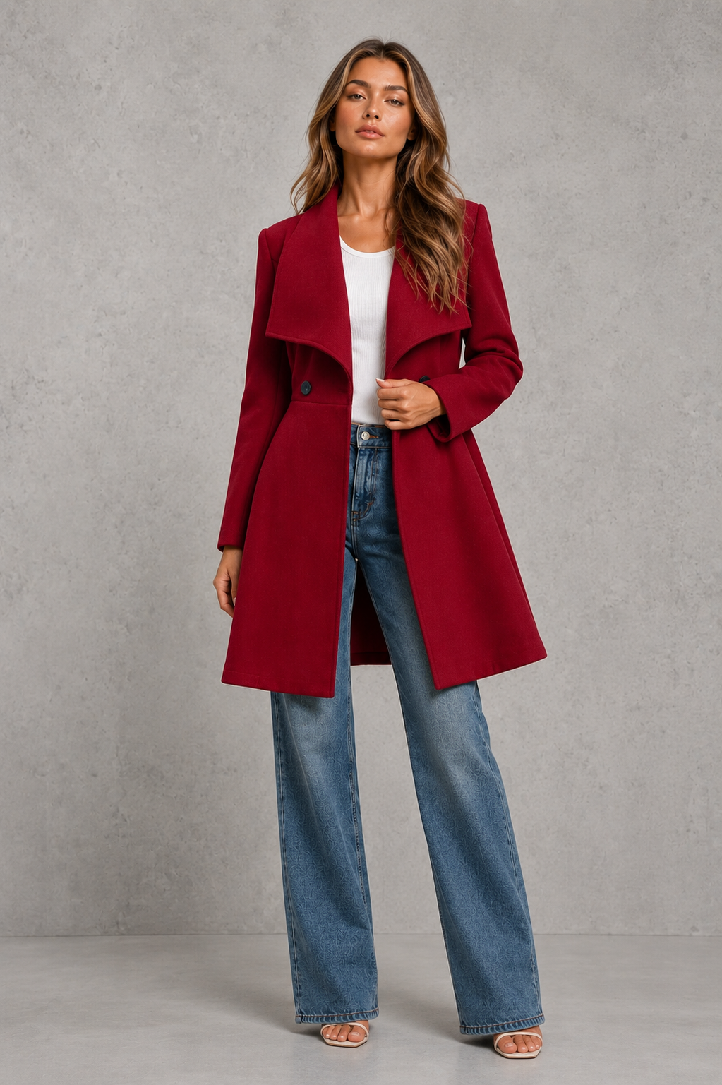 Women’s classic longline overcoat with a tailored silhouette, timeless lapel collar and elegant streamlined design for polished cold-weather layering.