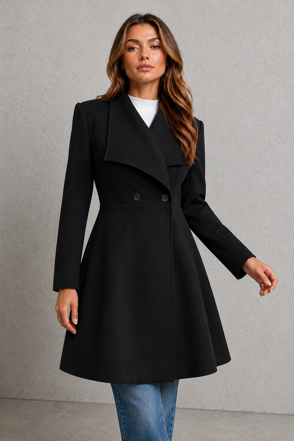 Women’s classic longline overcoat with a tailored silhouette, timeless lapel collar and elegant streamlined design for polished cold-weather layering.